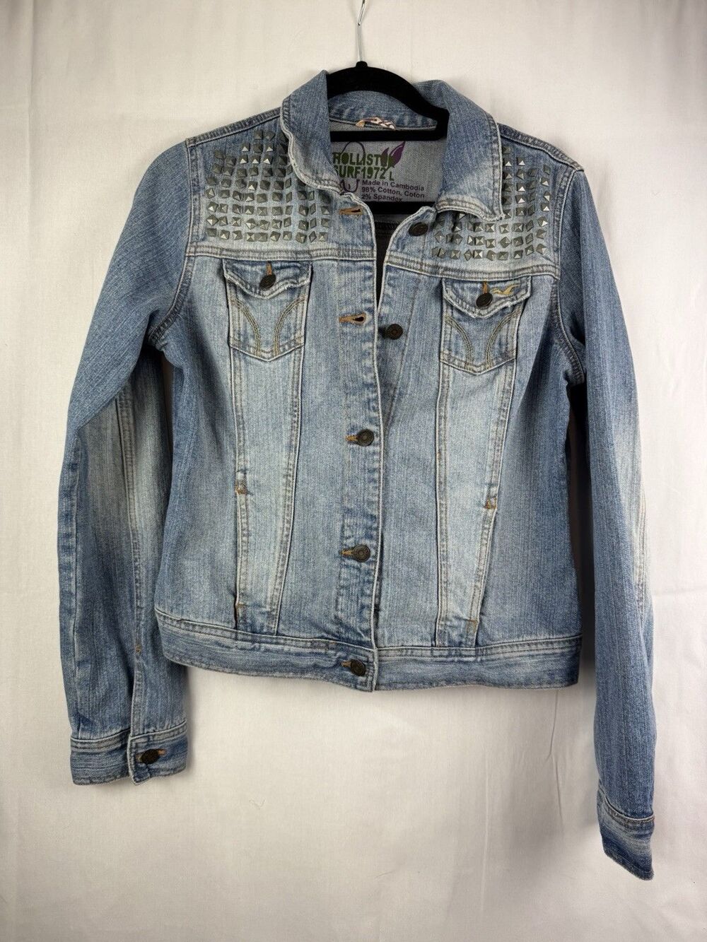 Hollister Studded Denim Jean Jacket Large Y2K Floral Lined Pockets